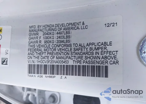 2022 Honda Accord Hybrid Sport from USA, damaged, VIN 1HGCV3F20NA005453